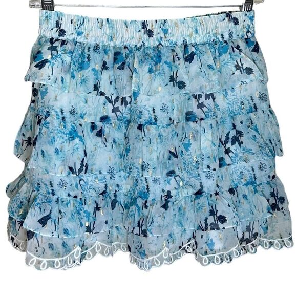 Hemant & Nandita Dresses & Skirts - Hemant & Nandita - Floral Tiered Ruffle Mini Skirt - Size S, Blue, Gold, White